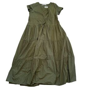 Just Bellina Women's Maxi Dress Olive Green Tiered V-Neck Short Sleeve Summer
